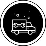 Black and white icon of a truck with a wrench in the back, set against a white background