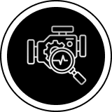 Black and white icon of a camera with a magnifying glass in the center, set against a white background