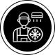 Black and white icon of a man holding a wheel, which is a symbol of a car service