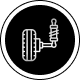 Black and white icon of a car's steering wheel, which is a symbol of a spark plug