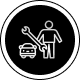 Black and white sign with a man holding a wrench and a car, indicating that the car is being serviced