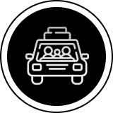 Black and white icon of a car with a group of people inside, set against a white background
