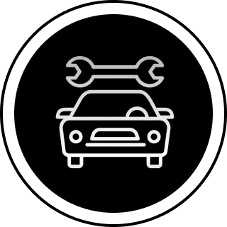 Black and white icon of a car with a wrench on top of it, set against a white background